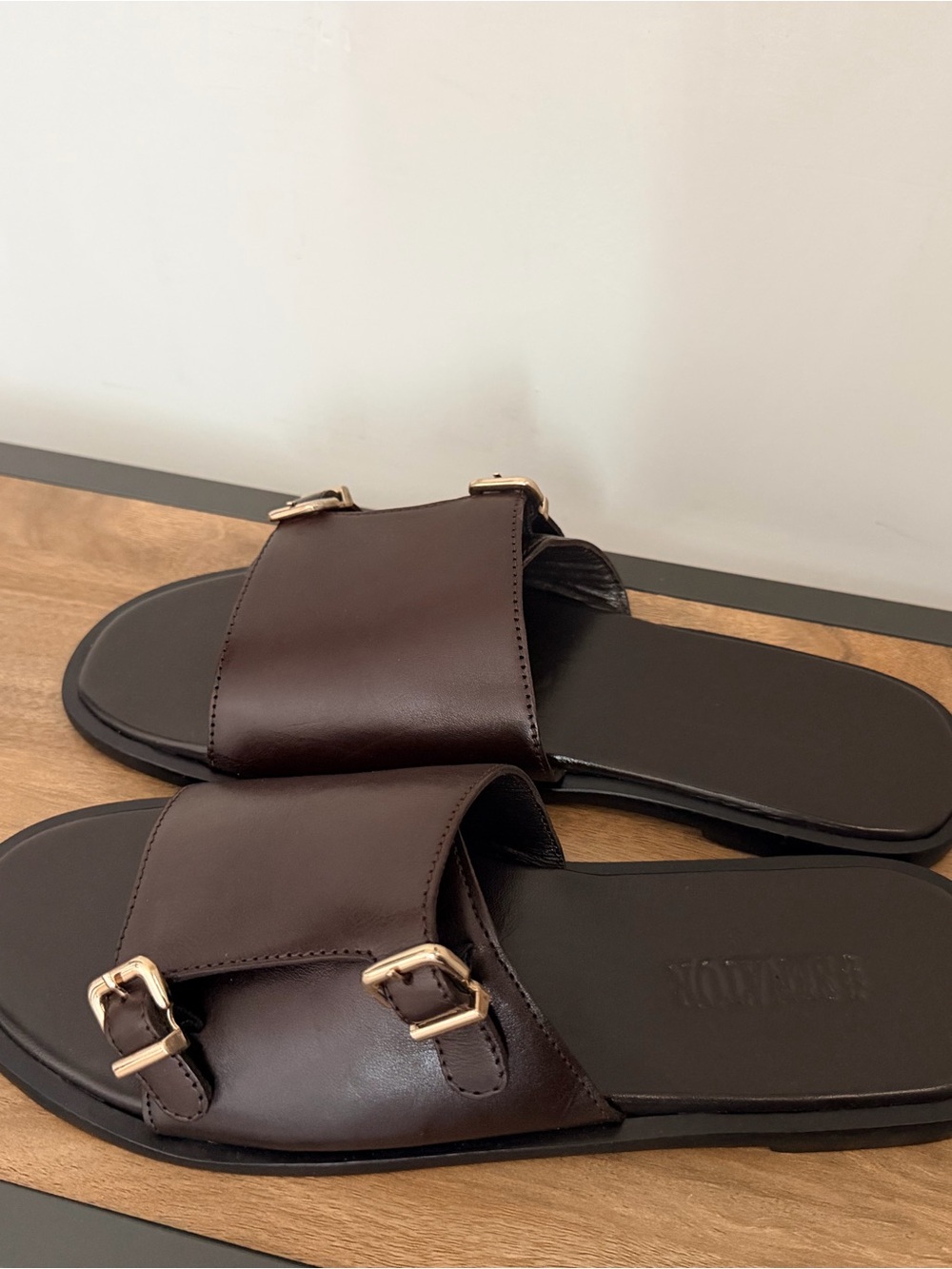Men's Brown Leather Slide Sandals with Buckle Detail